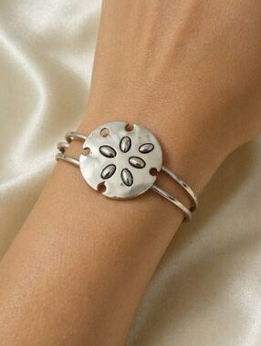 Sand Dollar Silver Tone Hinged Cuff Bracelet